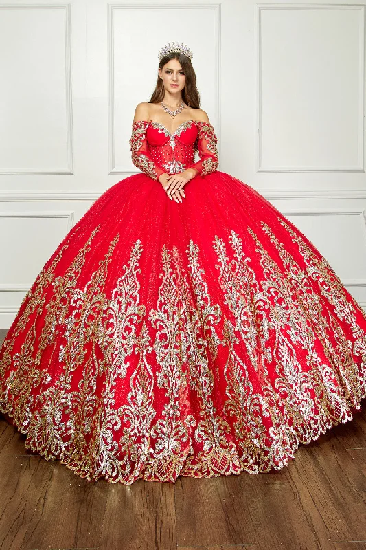 Off Shoulder Long Sleeve Ball Gown by Petite Adele PQ1065