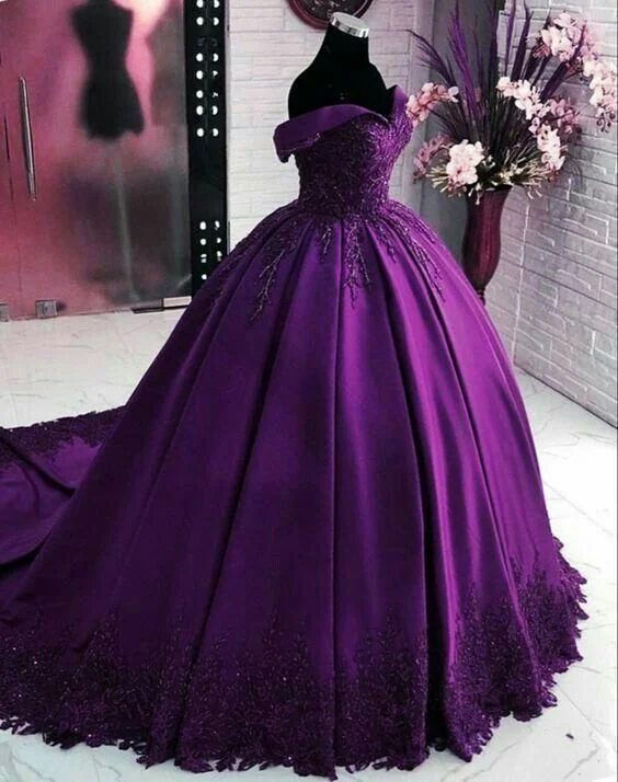 Off The Shoulder Dark Purple Ball Gown Sweet 15 Dress cc91