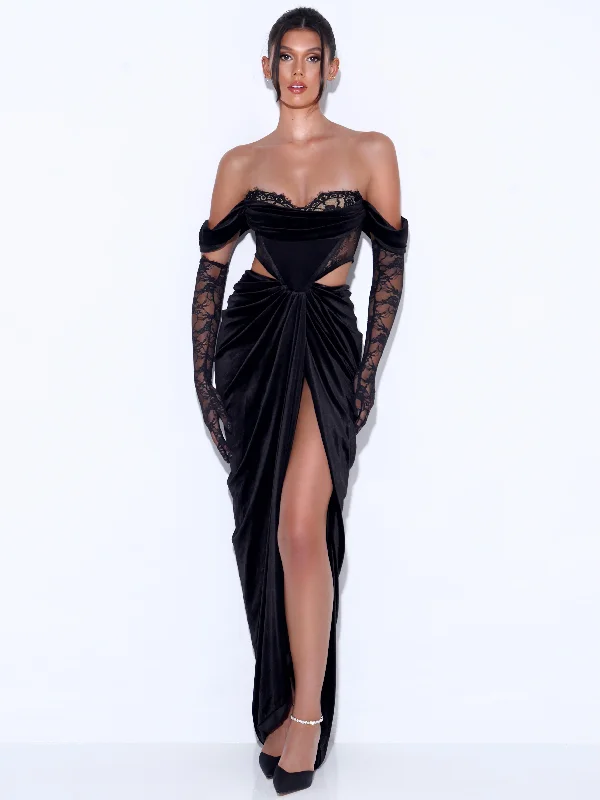 Quintessa Black Lace Velvet Corset Off Shoulder Gown