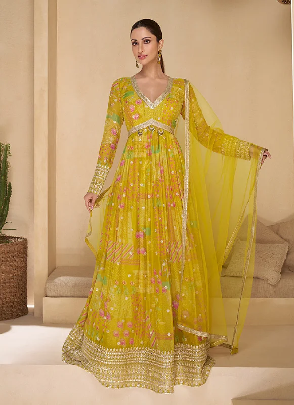 Yellow Digital Printed Embroidered Anarkali Gown Dress