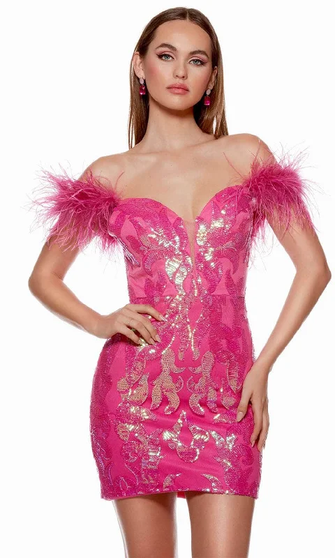 Alyce Paris 4621 - Off-Shoulder Feather Detailed Cocktail Dress